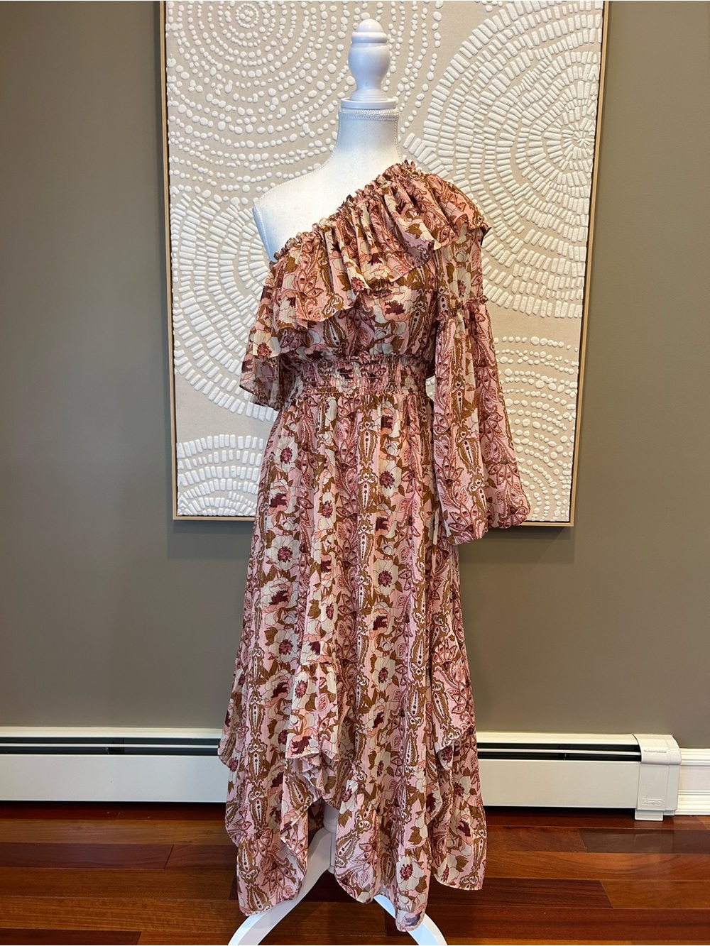 MISA Los Angeles Vola One-Shoulder Floral Ruffle Midi Dress Size M NWT
